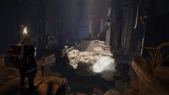 Screenshot of Lord of the Rings: Return to Moria, where we see the main player standing above a crumbling cavern with water pooling in 