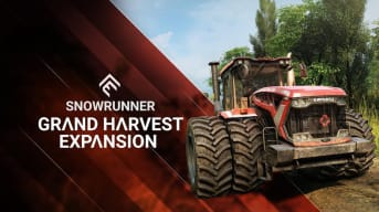 SnowRunner season 8 screenshot shows off a tractor and the logo of the expansion