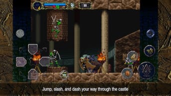 Screenshot from Google.play of Castlevania: Symphony of the Night, where the player stands within the castle and it tells the player what the objective is: Jump, slash and dash your way through the castle. 