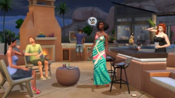 EA screenshot of Sims 4 where we see in game characters having what looks to be a party, and enjoying each others company fire side