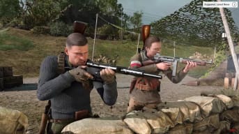 Screenshot from the Sniper Elite 5 Season Pass trailer with two players shooting guns at the enemy side by side 