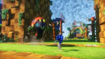 Sonic Frontiers Header Image, where we see sonic on a hige island about to encounter a large lady bug type enemy with a wheel under its belly 