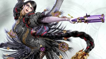 Bayonetta three screenshot of the character smiling and jumping, in a purple and silver outfit, Bayonetta Series