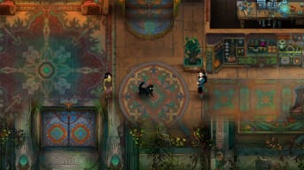 An adorable dog in the middle of the mansion in Children of Morta's animal DLC Paws and Claws