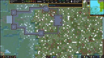 Dwarf Fortress header image, where we see several logs, trees, bushes and a home of some sort, Dwarf Fortress Sales