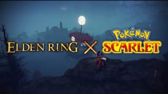 A Pokemon Center atop the back of a Walking Mausoleum in the Elden Ring Pokemon Scarlet mashup, with credit to Arestame on Twitter