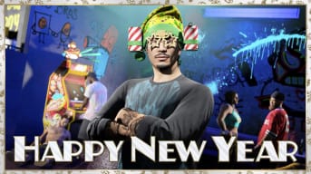 A character wearing silly glasses and a beer hat for New Year's in GTA Online