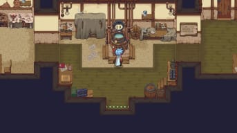 The player character standing in front of a cauldron in Potion Permit