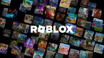 The Roblox logo against a tiled backdrop of some of the games people have created for the platform, or game, or whatever