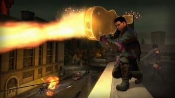 The player firing from a golden guitar case in Saints Row 4