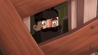Hello Neighbor Animated Series with the neighbor peeking through trinities window during dinner 