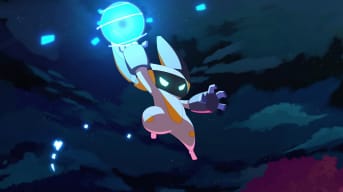 Screenshot from the TemTem Trailer, showcasing one of the characters jumping with a blue ball of light in its hand, TemTem Season 2