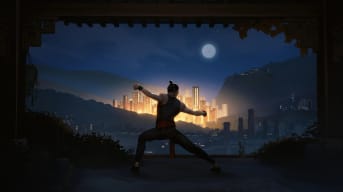 The main character in Sifu strikes a pose against an evocative city backdrop