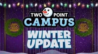 A banner showing text for the Two Point Campus Winter Update and a festive snowman head