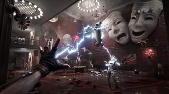 The player firing a lightning bolt out of their hand and zapping enemies in Atomic Heart
