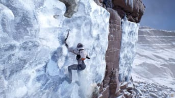 Kate climbing a sheer ice face in Deliver Us Mars