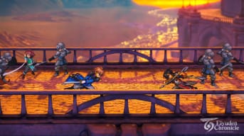 Eiyuden Chronicle: Hundred Heroes header featuring two characters attacking each other on a bridge while others are around