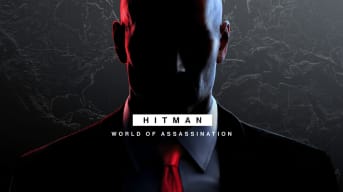 Agent 47 in shadow with the Hitman: World of Assassination title in front of him