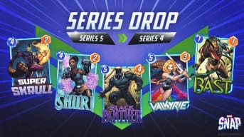 Marvel Snap series 5 cards Super Skrull, Shuri, Black Panther, Valkyrie, and Bast becoming Series 4