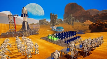 An array of solar panels and other equipment in survival terraforming game The Planet Crafter