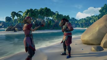 Two pirates talking to their pet rocks in Sea of Thieves