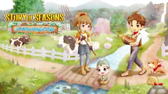 Two farmers and a young child in an idyllic rural setting in Story of Seasons: A Wonderful Life