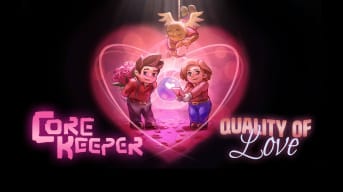 Two characters, one holding a bunch of flowers and the other a love letter, in artwork for the Core Keeper Quality Of Love update
