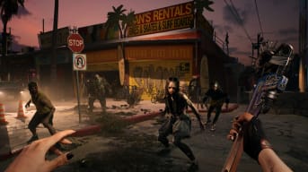 The player faces down a horde of zombies outside a surfboard rental shop in Dead Island 2