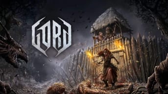 Key art for Gord, which depicts a bleak-looking setting with characters holding torches and worm-like monsters