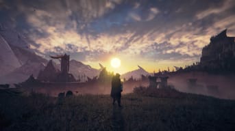The player character silhouetted against a beautiful landscape in Atlas Fallen