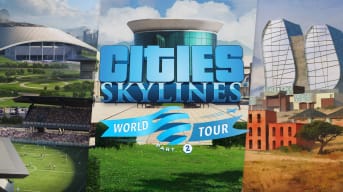 The Cities: Skylines World Tour Part 2 logo over three new types of content for the game