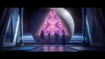 The main characters staring at a portal opening from The Traveler at the conclusion of Destiny 2 Lightfall
