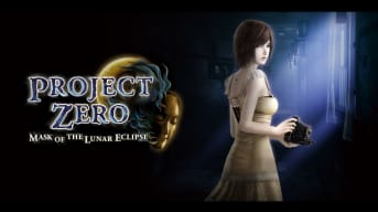 The cover art for Fatal Frame: Mask of The Lunar Eclipse, showcasing the protagonist Ruka Minazuki staring towards something with the titular mask in her hand.