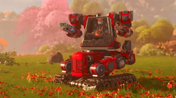 The player sitting in their shiny mech in Lightyear Frontier