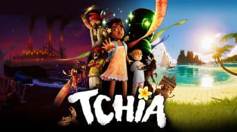 Tchia Key Art of Tchia and Cast Standing in Front of Industrial and Tropical Settings