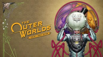 A character taking off a Moon Man helmet in The Outer Worlds: Spacer's Choice Edition