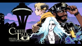 A spread-shot cover of Coffee Talk Episode 2: Hibiscus & Butterfly, showcasing characters Riona, Lucas, and Officer Jorji against a backdrop of the Seattle Space Needle at dusk.
