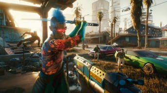 The player aiming a gun at a gang member who is swinging a sword at them in Cyberpunk 2077