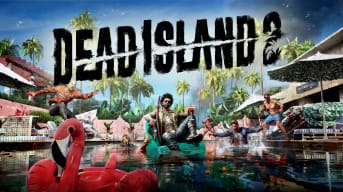 Dead Island 2 Key Art depicting a character sitting on a donut-shaped pool ring with a cocktail and a bloody katana, as zombies jump into the pool from almost all sides.