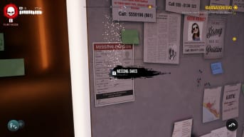 Dead Island 2 screenshot showing missing person posters on a message board including a titled one called Missing: Davis.