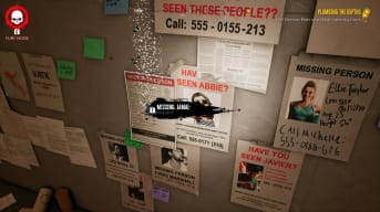 Dead Island 2 screenshot showing a notice board filled with missing persons posters with a single poster glowing titled Missing: Jamal