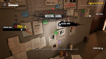 Dead Island 2 screenshot showing a board of missing persons posters, including a highlighted one with a glowing aura 