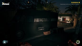 Dead Island 2 Screenshot Showing an abandoned mail truck in an LA street at night. 
