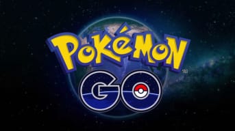 Picture showing a giant logo floating on a space background. The logo is vaguely cylindrical and has the words "Pokemon GO" over the top, with Pokemon being in yellow, and go in a deep indigo. 