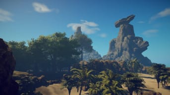 Survival: Fountain of Youth Bird Region Walkthrough - Cover Image Beach with Trees and a Big Rock on a Mountain in the Distance
