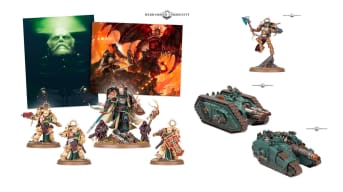 An image of several Warhammer 40K New Releases including The Lion, Horus Heresy Tanks, Commander Dante and more