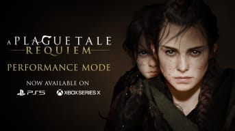 Amicia and Hugo looking serious next to the announcement of the new A Plague Tale: Requiem 60 FPS mode