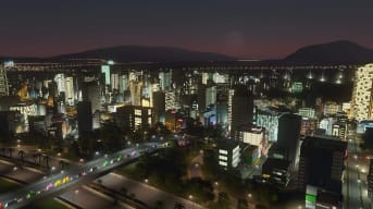 A bustling city at night in Cities: Skylines