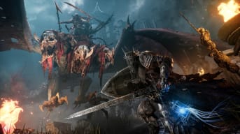 The player facing off against a nasty-looking three-headed monster and its rider in Lords of the Fallen
