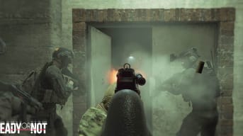 Ready or Not image shows Swat team attacking a door way from the perspective of rear character holding a gun